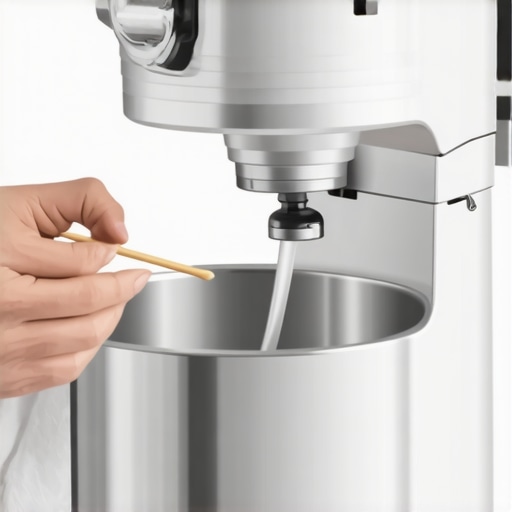 Hands using a toothpick to clean flour residue from a stand mixer socket