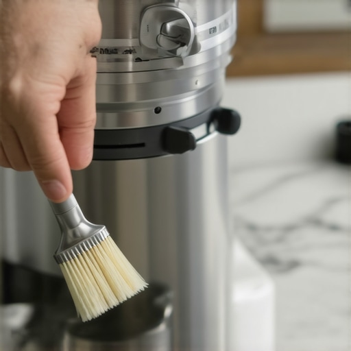 A person meticulously cleaning the attachment port of a stand mixer to prevent mechanical failure.