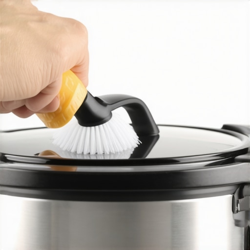 Close up of cleaning a pressure cooker steam vent with a small brush