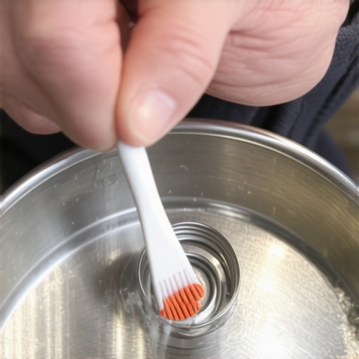 Cleaning the steam valve and anti-block shield of a pressure cooker lid with a brush.