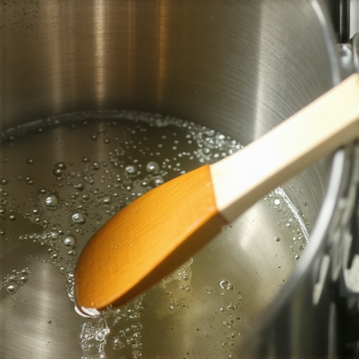 A wooden spoon scraping the bottom of a stainless steel pot to prevent the burn error.