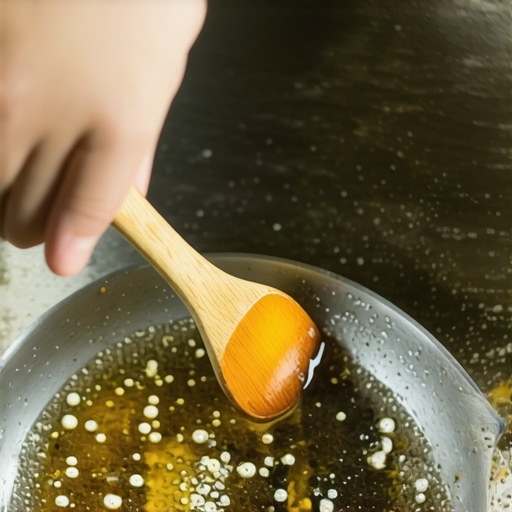 Close-up of a person deglazing the bottom of a stainless steel pressure cooker pot with a wooden spoon.