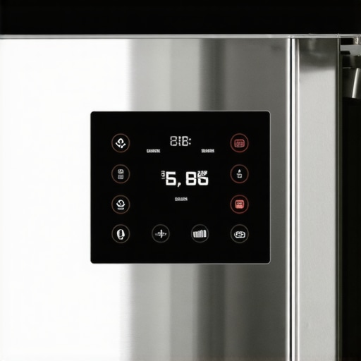 A person pointing at a flickering digital display on a smart refrigerator.