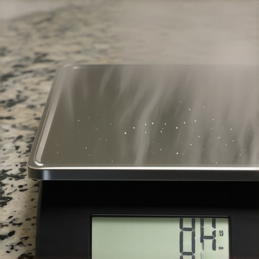 A digital kitchen scale showing erratic readings in a humid kitchen.