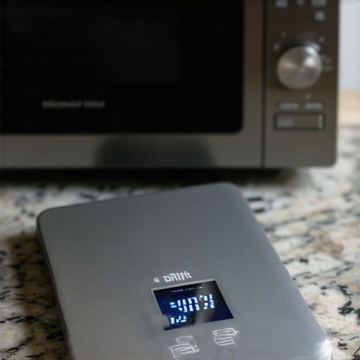 A digital kitchen scale showing inaccurate weight readings due to nearby microwave interference.