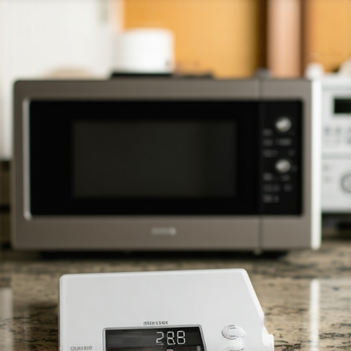 A digital kitchen scale showing drifting numbers near a microwave