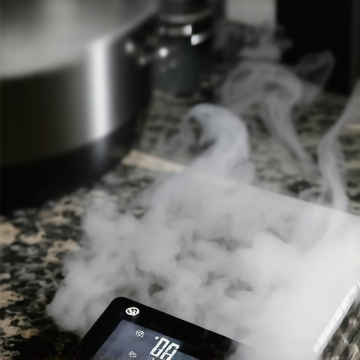 A digital kitchen scale showing erratic readings due to humidity and electronic interference near a stove.