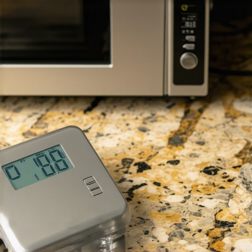 A kitchen scale showing fluctuating weight readings near a microwave.