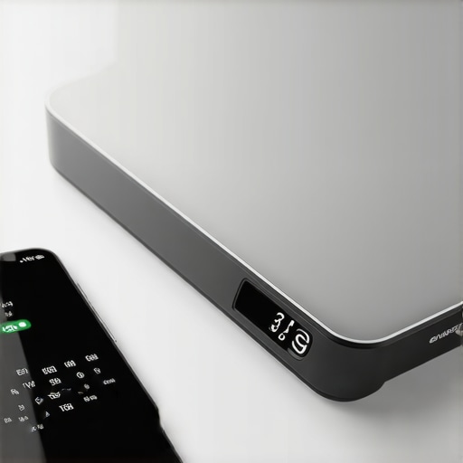 A digital kitchen scale displaying fluctuating weights due to proximity to a smartphone on a kitchen counter.