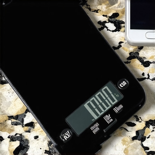 A digital kitchen scale showing drifting weight numbers due to nearby electronic interference.