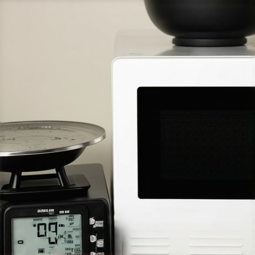 A digital kitchen scale displaying drifting numbers due to proximity to a microwave.