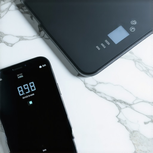 A digital kitchen scale showing erratic weight readings caused by a nearby smartphone on a kitchen counter.