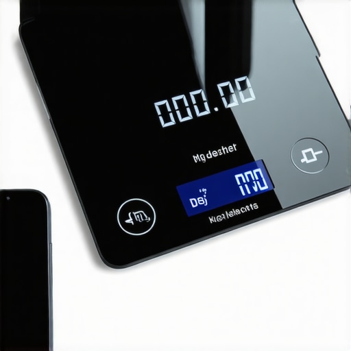 A digital kitchen scale showing inaccurate weight readings caused by a nearby mobile phone.