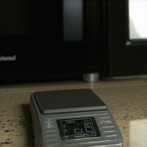 A digital kitchen scale showing drifting numbers near a microwave to demonstrate electromagnetic interference.