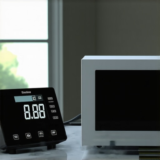A digital kitchen scale displaying drifting measurements due to proximity to a microwave.