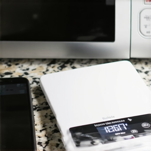 A digital kitchen scale showing drifting numbers due to proximity to a microwave and smartphone.