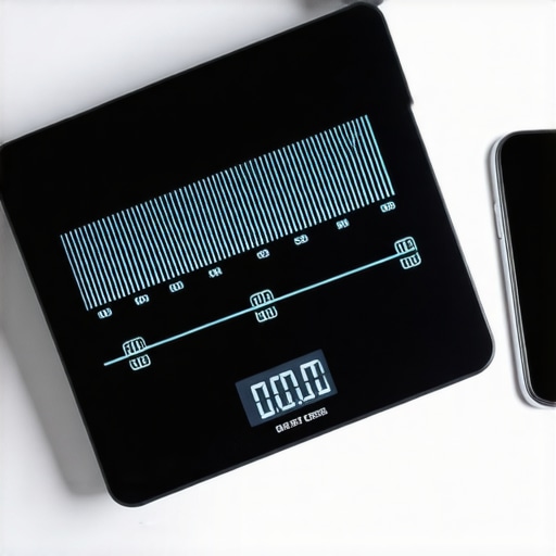 A digital kitchen scale next to a smartphone showing how electronic devices can cause weight fluctuations.