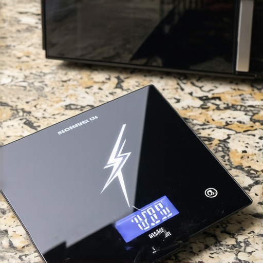 Digital kitchen scale showing lightning bolt error symbol Close-up of a digital kitchen scale with a lightning bolt symbol on the display near kitchen appliances.