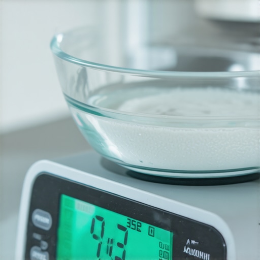 Digital kitchen scale weight drift with glass bowl A digital kitchen scale displaying inconsistent weight readings while holding a clear glass mixing bowl.