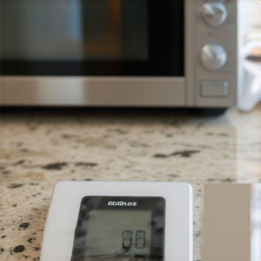 A digital kitchen scale showing weight drift next to a kitchen appliance.