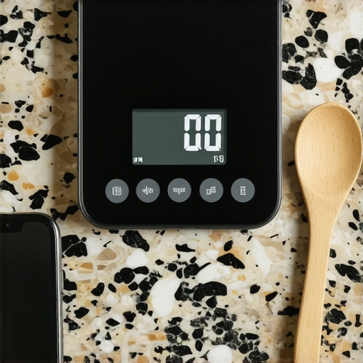 A digital kitchen scale showing inconsistent weight readings due to being placed too close to a smartphone.