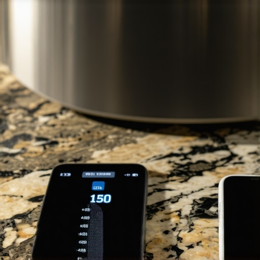 Digital scale experiencing interference from a smartphone A digital kitchen scale showing drifting weight measurements due to nearby electronic devices.