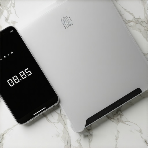 A digital kitchen scale showing weight drift due to smartphone interference on a kitchen counter.