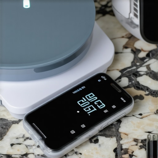 A digital kitchen scale showing inaccurate readings due to smartphone proximity on a granite counter.