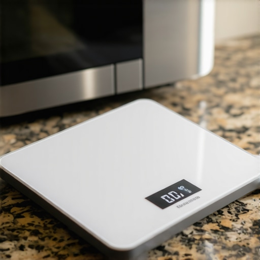 Close up of a digital kitchen scale showing drifting numbers near a microwave
