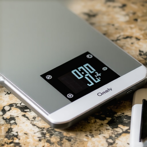 A digital kitchen scale showing inconsistent weight readings next to a smartphone.
