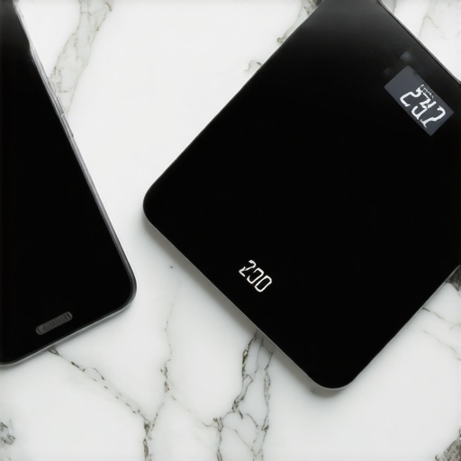 Electromagnetic interference affecting a digital kitchen scale A digital kitchen scale showing fluctuating readings caused by a nearby smartphone on a kitchen counter.