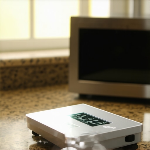 Environmental Interference Affecting Digital Scale Accuracy A digital kitchen scale placed near a microwave and a window showing inaccurate readings due to interference.