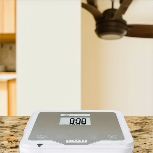 A digital kitchen scale showing inaccurate readings caused by a ceiling fan