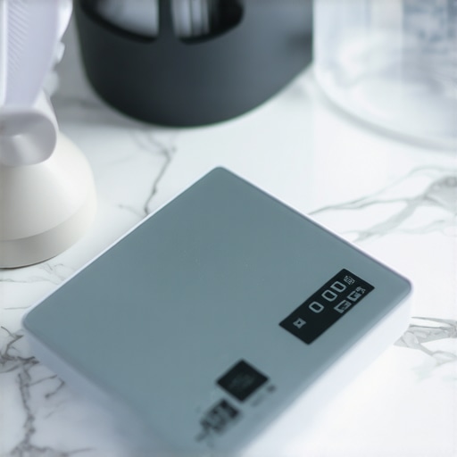 A digital kitchen scale reacting to air currents from a nearby fan