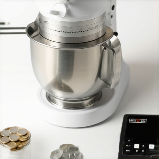 Close-up of stand mixer maintenance and digital scale calibration with nickels.