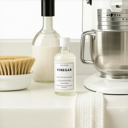A collection of cleaning tools including a brush and vinegar next to a kitchen mixer for maintenance.