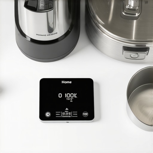 A stand mixer, digital scale, and pressure cooker being maintained on a kitchen counter.