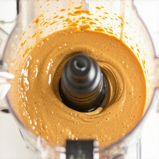 Glossy Almond Butter Vortex Smooth and creamy almond butter being blended into a glossy liquid vortex inside a blender jar.