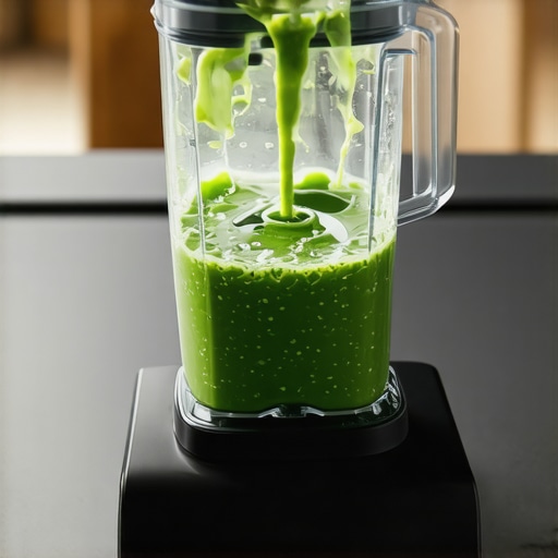 A high-performance kitchen blender creating a perfect liquid vortex with fresh greens