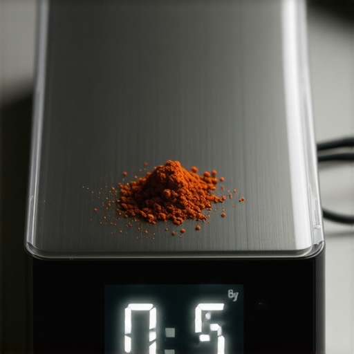 Close up of a digital kitchen scale measuring fine ingredients like spices or yeast