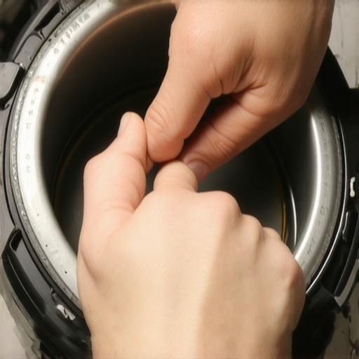 Close-up of a silicone gasket ring being inspected for damage on a pressure cooker lid.
