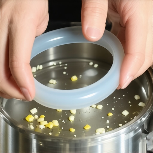 Hands removing a silicone gasket from a pressure cooker lid to check for leaks.