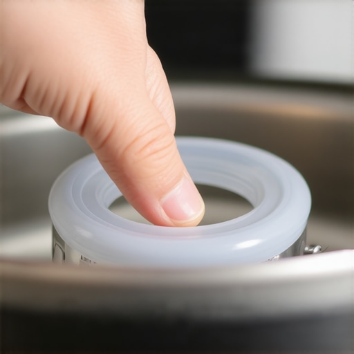 Installing a New Pressure Cooker Sealing Ring A close-up view of a hand seating a silicone gasket into the rim of a pressure cooker lid.