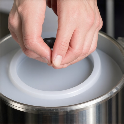 Installing a new pressure cooker sealing ring Hands seating a silicone gasket into a pressure cooker lid
