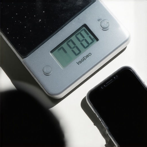 A digital kitchen scale next to a smartphone showing interference and fluctuating weight readings.