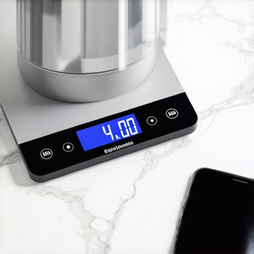 A digital kitchen scale showing unstable weight readings caused by a nearby smartphone on a kitchen counter.