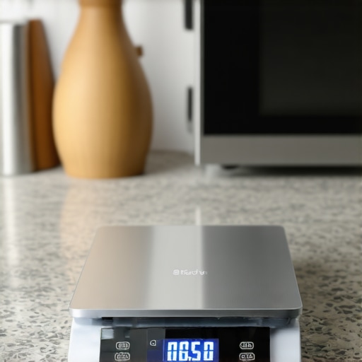 Interference affecting kitchen scale accuracy A close-up of a digital kitchen scale showing drifting numbers due to proximity to a microwave.