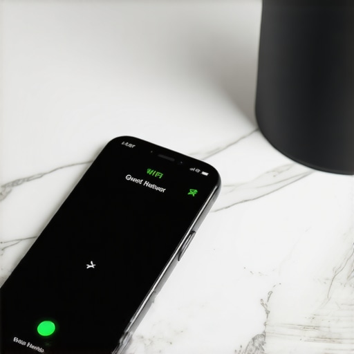 A smartphone screen displaying Wi-Fi security settings next to a smart kitchen hub on a countertop.