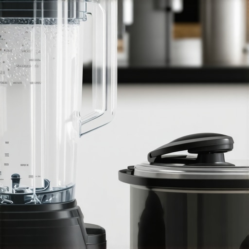 A clean kitchen counter showing proper maintenance of a blender jar and pressure cooker lid.