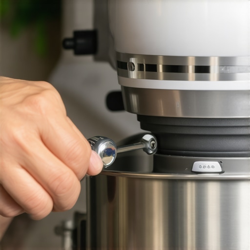Maintaining stand mixer gears with food-grade lubricant Close-up of stand mixer maintenance showing internal gears and food-grade grease application.